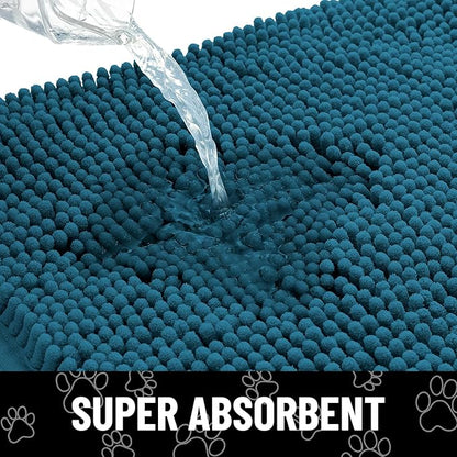 Smiry Dog Door Mat for Muddy Paws, Absorbent Dirt Trapper Non Slip Quick Dry Washable Chenille Mat for Mud Dogs, Entry Rug for Indoor and Outdoor (59x35 Inches, Atlantic Blue and White)
