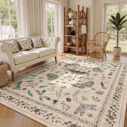 7x9 Low Pile Machine Washable Bug Rug - Indoor Non-Slip Insect Print Rug for Entryway, Living Room, Bedroom, Kitchen, Front Door, Laundry (7'x9' Beige Green)