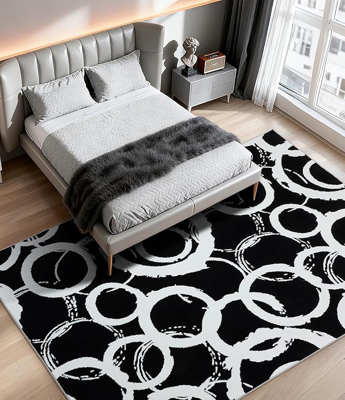 YIHOUSE Black Modern Geometric Area Rug 6x9, Black and White Rug with Abstract Circles,Non-Shedding Washable Rugs for Bedroom, Home Office and Living Room