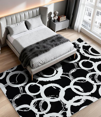 YIHOUSE Black Modern Geometric Area Rug 6x9, Black and White Rug with Abstract Circles,Non-Shedding Washable Rugs for Bedroom, Home Office and Living Room