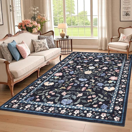 GarveeHome Washable Rug 6 x 9, Low Pile Farmhouse Floral Rug, Non-Shedding Indoor Foldable Printed Carpet Non-Slip Soft Vintage Throw for Bedroom Dining Room Kitchen, Dark Grey Blue