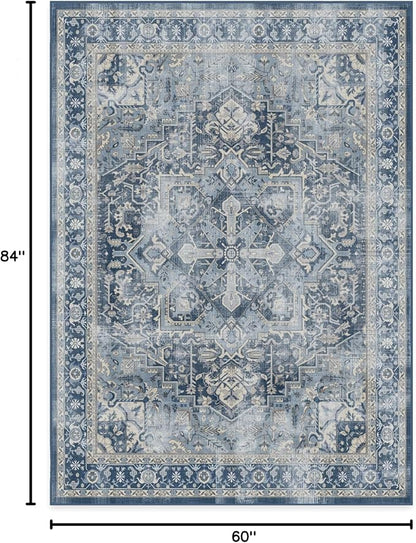 RUGGABLE Washable Vintage Area Rug – Kamran Admiral Blue 5x7, Stain-Resistant, Non-Slip – Medium Machine Washable Rugs for Living Room, Bedroom, Hallway, Entryway & Office–with Standard Pad