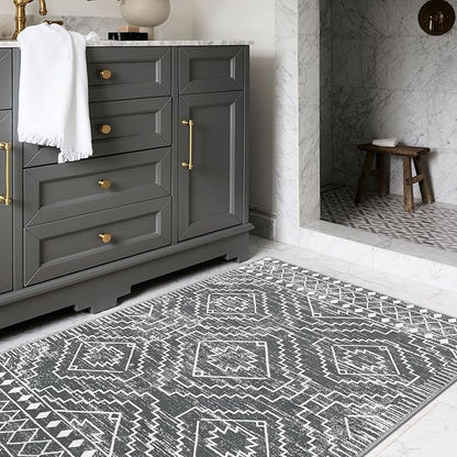 Wonnitar Moroccan 3x5 Washable Area Rug, Boho Living Room Rug, Non-Slip Farmhouse Rustic Bedroom Throw Mat, Non-Shedding Soft Geometric Floor Carpet for Kitchen Entry Office (Dark Grey,3'x5')