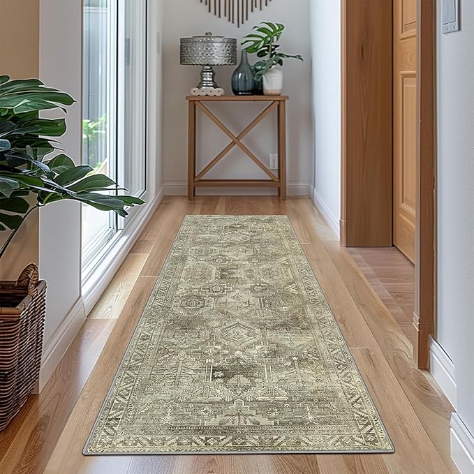 Bavni Runner Rug 2x5, Low Pile Machine Washable Rugs for Hallways, Kitchen, Bedroom, Non Slip Aesthetic Vintage Distressed Print Lightweight Durable Chenille 2x5 Mat, Forgotten Sandstone