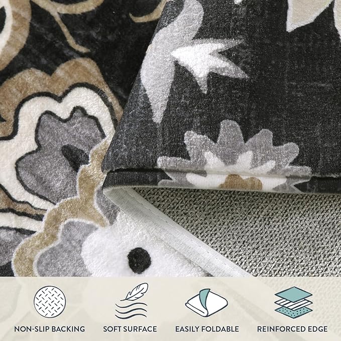 Lahome Floral Washable Living Room Area Rug - 3x5 Non-Slip Low-Pile Rugs for Entryway, Throw Small Stain Resistant Kitchen Rugs Soft Black Paisley Print Carpet for Office Bedroom Laundry Room Office