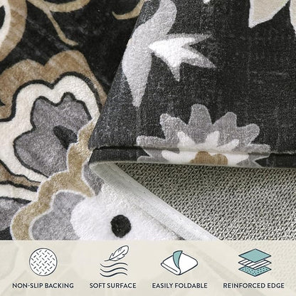 Lahome Floral Washable Area Rugs - 2x3 Non-Slip Small Entryway Rug Indoor, Throw Stain Resistant Kitchen Rugs Soft Black Paisley Print Bathroom Mats DoorMat Carpet for Bedroom Laundry Living Room Sink