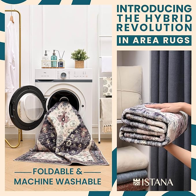 Istana Hallway Runner Rug 2.5x8 – Dark Grey Blue/Rose Mauve Entryway Rug -Silk's Soft Touch Runners for Hallways - Stylish Kitchen Runner Rug Non Slip