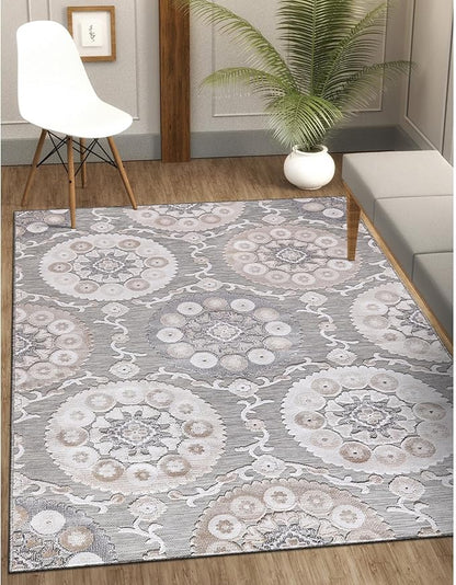 CAMILSON Indoor Outdoor Rug 6x9 Bohemian Medallion Floral Area Rugs for Indoor and Outdoor Patios Easy-Cleaning Non-Shedding Living Room Garden and Kitchen Washable Outside Carpet (6 x 9 / Beige)