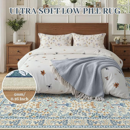 5x7 Area Rugs Living Room Rug - Floral Vintage Morris-Inspired Washable Carpet, Low Pile Non-Shedding Stain Resistance Boho Soft Carpet for Bedroom, Dining Room, Office, Farmhouse (5'x7' Blue/Orange)