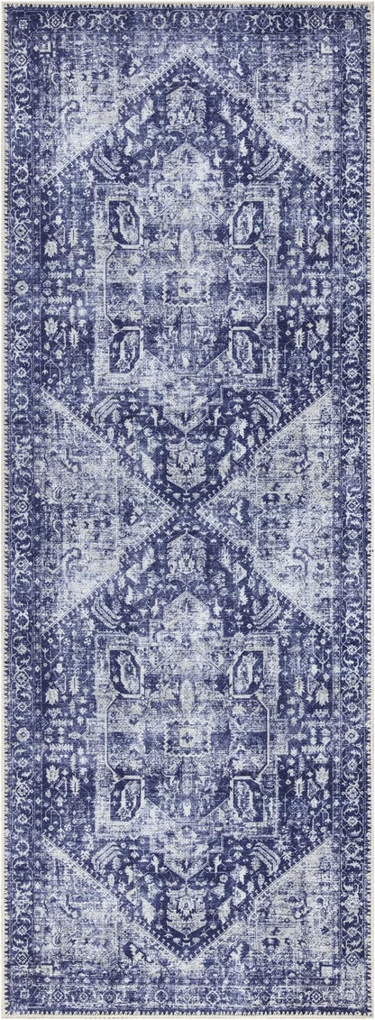 Bloom Rugs Washable Non-Slip 12 ft Runner - Blue/Ivory Traditional Runner for Entryway, Hallway, Bathroom, and Kitchen - Exact Size: 2.5' x 12'