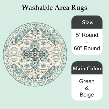 VK VK·LIVING Round Washable Rug 5'Ft Vintage Machine Washable Area Rugs with Non Slip Round Rugs for Living Room Bedroom Traditional Woven Carpet Stain Resistant Dining Office Boho Rug,Green&Beige