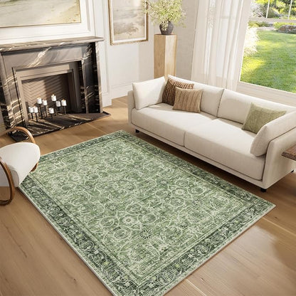 Washable Area Rugs 5'x7' Non-Slip Vintage Boho Distressed Fade Resistant Low Pile Carpet for High-Traffic Living Room, Bedroom & Dining Room