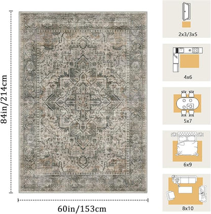 5x7 Machine Washable Area Rug for Living Room, Grey Rusty Boho Vintage Floral Rug Large Non-Slip Low Pile Soft Faux Wool Carpet, Kids and Pets Friendly for Bedroom Dining Room Farmhouse Decor Rug