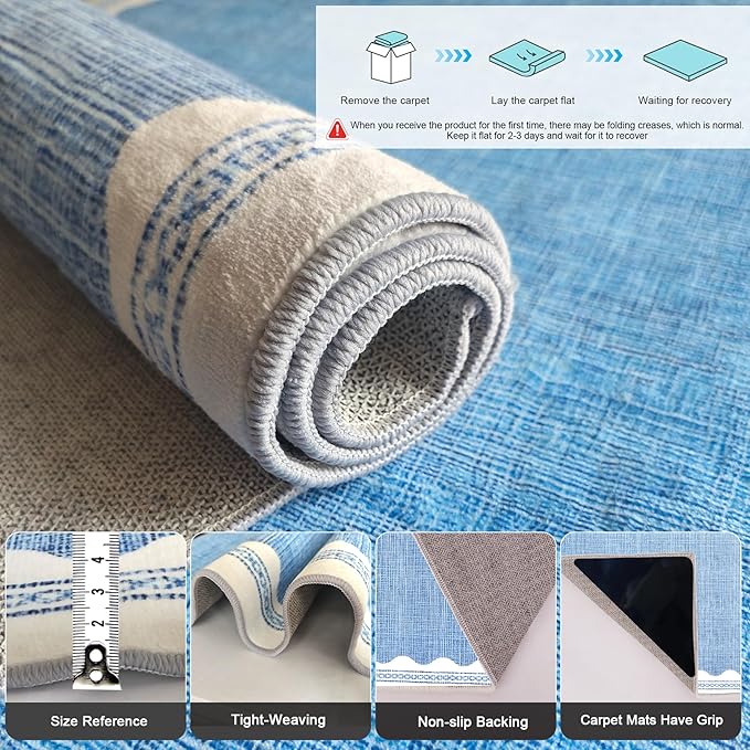 Scalloped Rug 5x7 Solid Blue Washable Non-Slip Rug for Living Room Modern Aesthetic Rugs for Bedroom Kitchen Dining Indoor Entry Entrance Floor