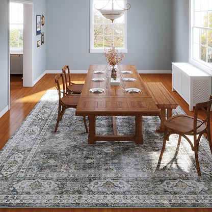 Rugcomf 8x10 Rug Washable Boho Soft Large Area Rug Non-Slip Faux Wool Vintage Rug for Living Room, Farmhouse, Dining Room, Indoor, Kids Playroom (Grey)