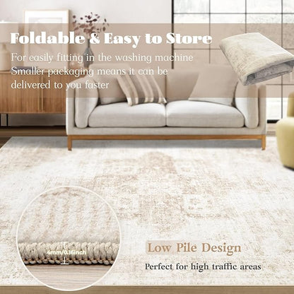 Runner Rug 2x6 Washable Rug, Vintage Boho Medallion Hallway Runner Non-Slip Soft Low Pile Distressed Floor Carpet Retro Doormat for Kitchen Bedroom Laundry Entryway Bathroom (Beige, 2'x6')