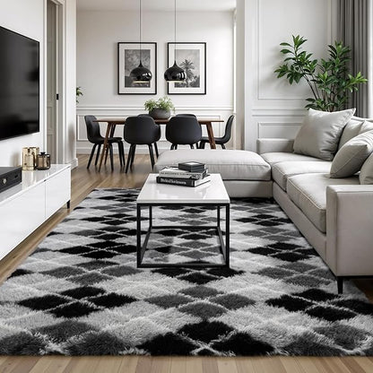 Zentavio Area Rugs for Living Room Rugs for Bedroom 4x6 Carpet Fluffy Fuzzy Soft Shag Aesthetic Plush High Pile Gray Throw Rug for Nursery Kids Room Dorm Diomond Black