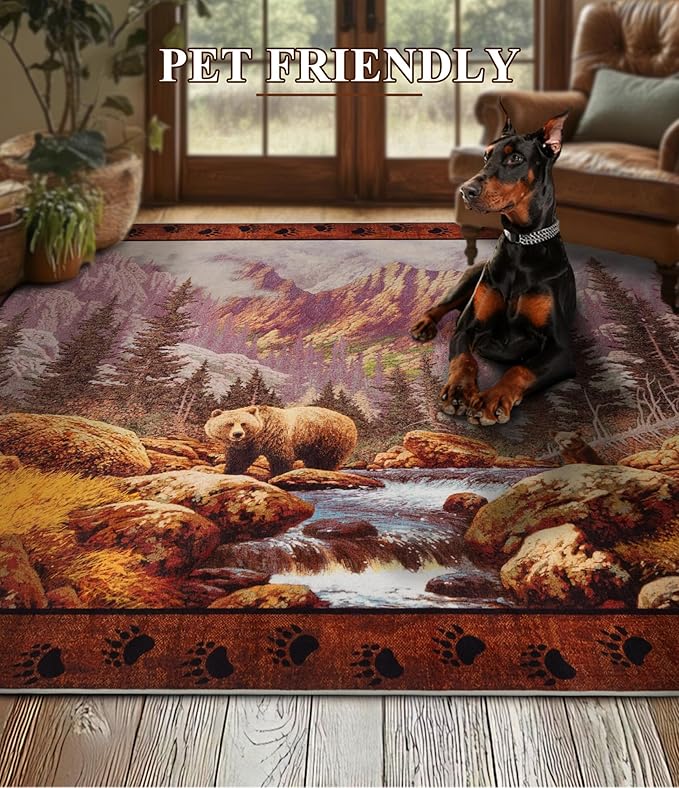 YIHOUSE Rustic Cabin Area Rug for Bedroom 4x6,Machine Washable Forest Bear Rug,Non-Slip Low Pile Print Pattern Mountain Rug for Living Room