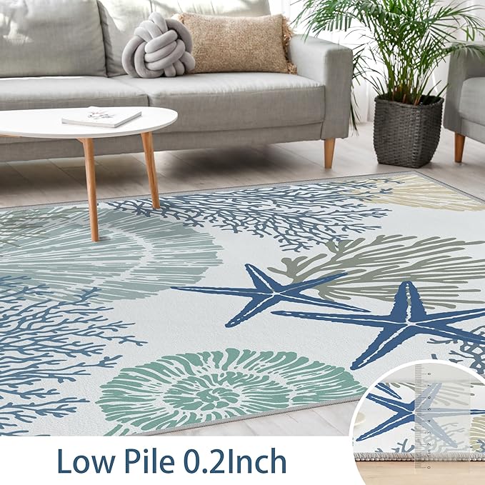 Tritard Coastal Area Rugs Nautical Beach Themed Non-Slip Machine Washable Rugs Modern Floor Carpet for Living Room Bedroom, 5x7, Blue