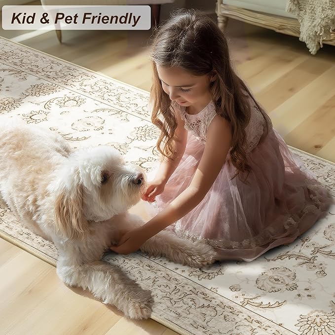XWZO Runner Rug 2x10ft for Long Hallways, Washable Non-Slip Low Pile Area Rug with Rubber Backing, Spill Resistant Soft Vintage Floor Carpet for Kitchen Entryway Stair Landing Living Room, Beige