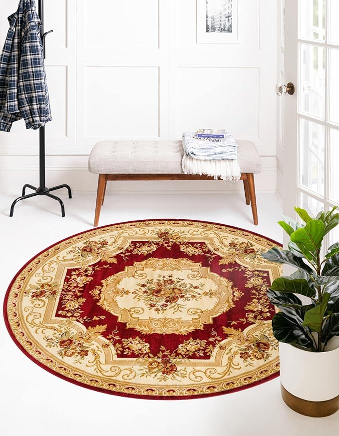 Rugs.com Chateau Collection Rug – 8 Ft Round Red Medium Rug Perfect for Kitchens, Dining Rooms