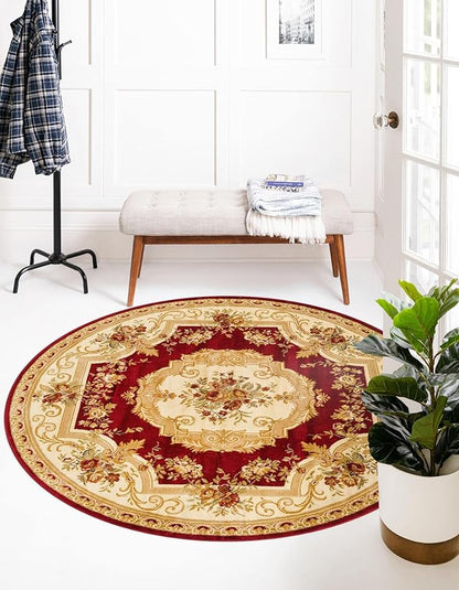 Rugs.com Chateau Collection Rug – 6 Ft Round Red Medium Rug Perfect for Kitchens, Dining Rooms