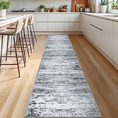 Modern Abstract Runner Rug 2.6x12, Black Grey White Washable Long Kitchen Runner Non-Slip Soft Hallway Rug Runner Thin Print Faux Wool Carpet for Entryway Bedroom Laundry Room Indoor Home Decor