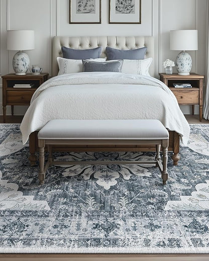 Area Rugs 10'x14' Washable Non-Slip, Floral Vintage Distress Print Pattern Medallion Carpet for Living Room Bedroom Dining Room, Light Gray Grey White
