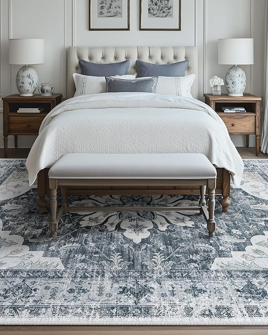 Area Rugs 9'x12' Washable Non-Slip, Floral Vintage Distress Print Pattern Medallion Carpet for Living Room Bedroom Dining Room, Light Gray Grey White