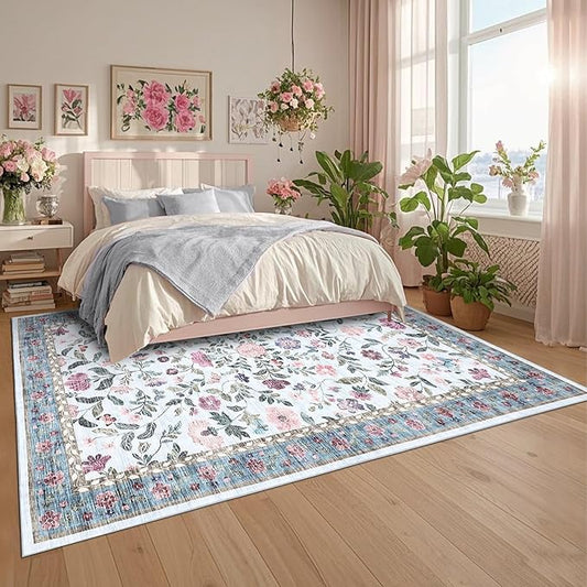 GarveeHome Large Washable Area Rug 10 x 13 for Living Room, Non-Slip Soft Vintage Rug, Low Pile Farmhouse Floral Carpet, Non-Shedding Foldable Printed Rugs for Bedroom, Light Blue