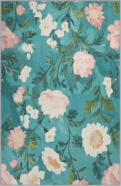 5x7 Floral Rugs, Modern Washable Flower Pattern Area Rug for Bedroom, Soft Large Non-Slip Door Mat Carpet for Living Room Office Dining Room - Teal Flower