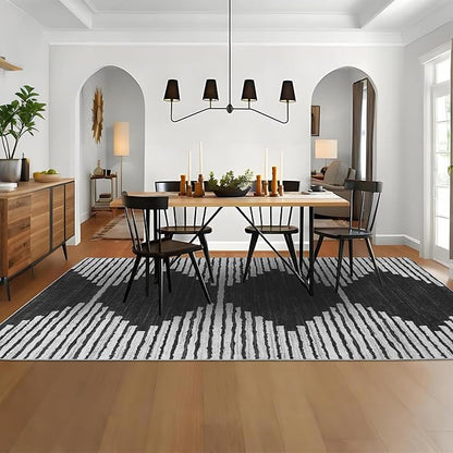 HelloTree Area Rug for Living Room 9x12 Washable Geometric Moroccan Rug Stripe Farmhouse Bohemian Minimalistic Non Slip Non Shedding Ultra Thin Soft Rug for Bedroom Office DiningRoom Nursery-Black