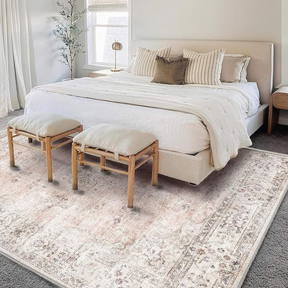 Washable Area Rug 4'x6' Vintage Traditional Floor Cover Foldable Thin Rugs Retro Kitchen Indoor Distressed Non Slip Carpet Floral Print Mat Bedroom Living Room