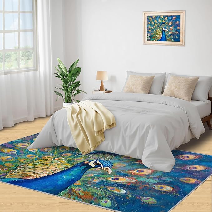 Peacock Rug Large - 5x8 Rug, Turquoise Teal Peafowl Washable Rugs for Living Room, Peafowl Decor Carpet, Modern Style Non-Slip Area Rugs for Bedroom, Aesthetics Carpet - Peafowl Home Decor & Gifts
