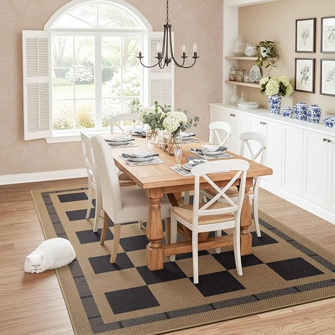 Checkered Jute 5x7 Area Rugs, Washable Outdoor Patio Rug Living Room Bedroom Indoor Carpet, Non Slip Modern Farmhouse Design Neutral Geometric Office Porch Balcony Dining Room Mat, Black and Brown