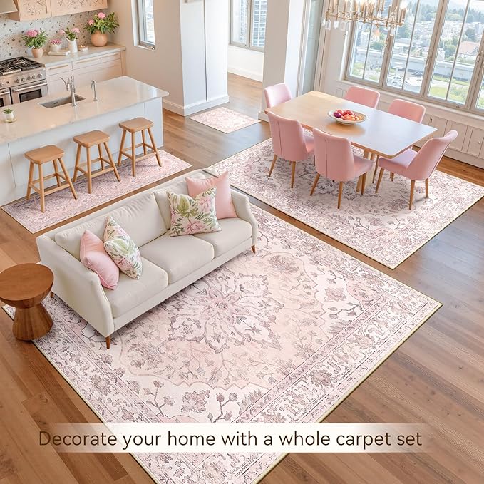 Area Rugs 2'x10' Washable Non-Slip, Floral Vintage Distress Print Pattern Medallion Carpet for Living Room Bedroom Dining Room, Pink Greypink Cute