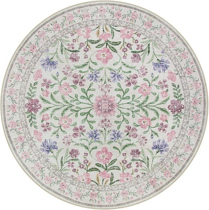 Lahome Purple 6 ft Circle Rug Washable, Floral Accent Round Rug for Girls Bedroom Decor, Non-Slip Accent Circular Carpet for Nursery Calm Corner Seating Area