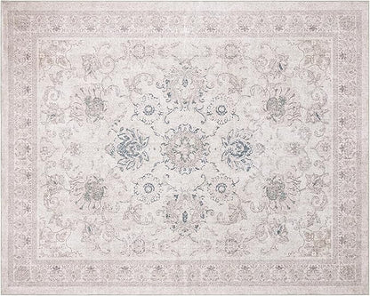 Phantoscope Washable Area Rug 8'x10' Non-Slip, Vintage Neutral Rugs for Living Room, Bedroom, Dining Room, Distressed Boho Floral Medallion Pattern, Low-Pile Foldable Floor Carpet, Cream Beige/Neutral
