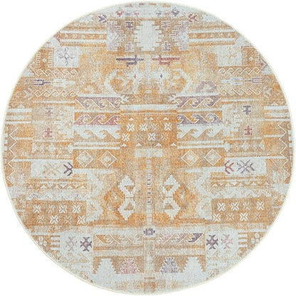 GLN Rugs Traditional Collection - Machine Washable Area Rug, Traditional Washable, Non Slip, Low Pile Chenille Rug, Living Room, Bedroom, Kitchen Rug (5'3" Round Sand/Light Gray)