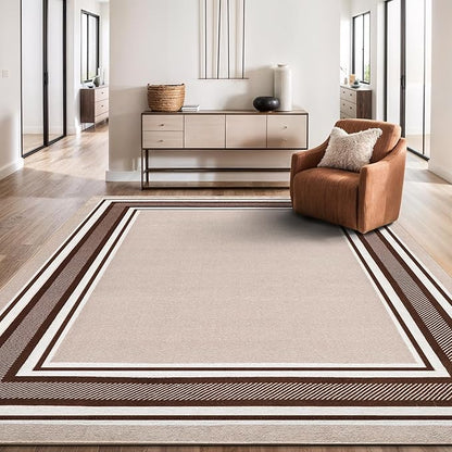 Beverly Rug Non Slip Area Rugs 5x7 Modern Bordered Non Skid Rubber Backing Soft Area Rug for Living Dining Room Easy to Clean Non Shedding Kitchen Bedroom Indoor Carpet 5 x 7 Beige-Brown