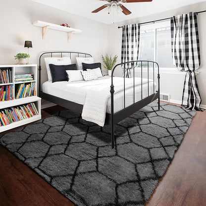 ONASAR 6x9 Area Rugs for Living Room Bedroom, Washable Large Fluffy Grey and Black Throw Rug, Geometric Soft Plush Shaggy Fuzzy Floor Carpet for Nursery Kids Girls Boys Teen Dorm Home Office Decor