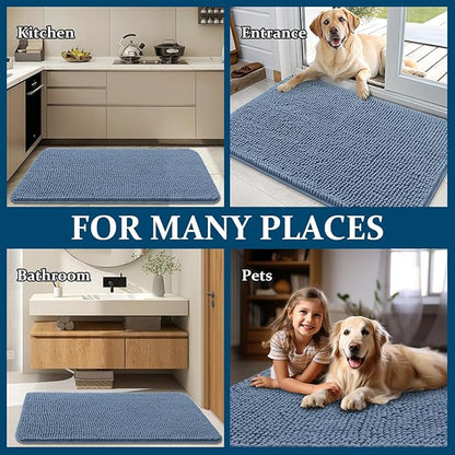 OLANLY Dog Door Mat for Muddy Paws 70x35, Absorbs Moisture and Dirt, Absorbent Non-Slip Washable Doormat, Quick Dry Chenille Mud Mat for Dogs, Entry Indoor Entryway Carpet for Inside Floor, Airy Blue