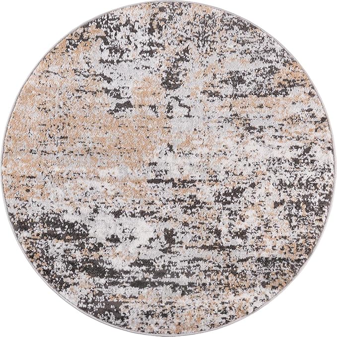 Rugs.com Leipzig Collection Round Rug – 3 Ft Round Beige Low-Pile Rug Perfect for Kitchens, Dining Rooms