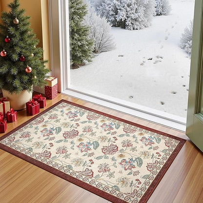 jinchan Elora 2x3 Floral Rug for Entryway Washable Kitchen Rug Vintage Romance Design Small Mat Non Slip Indoor Doormat Lightweight Low-Profile Throw Carpet for Entrance Laundry Room, Red/Beige