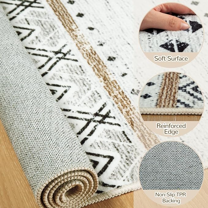 BESTSWEETIE 6x9 Area Rugs for Living Room Washable Moroccan Farmhouse Neutral Geometric Low Pile Non-Slip Soft Print Pattern Rug for Bedroom Kitchen Dining Room Entryway Black/Brown