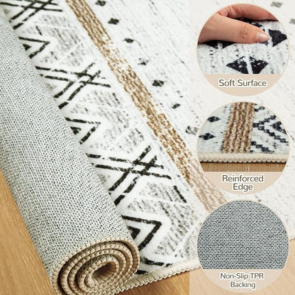 BESTSWEETIE 5x7 Area Rugs for Living Room Washable Moroccan Farmhouse Neutral Geometric Low Pile Non-Slip Soft Print Pattern Rug for Bedroom Kitchen Dining Room Entryway Black/Brown