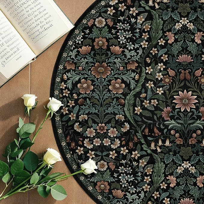 Round Rug 4ft Black Washable Floral Circle Rug,Vintage Boho Botanical Round Area Rugs, Non-Slip Soft Low-Pile Circular Carpet for Bedroom,Kids Room,College Dorm,Home Decor