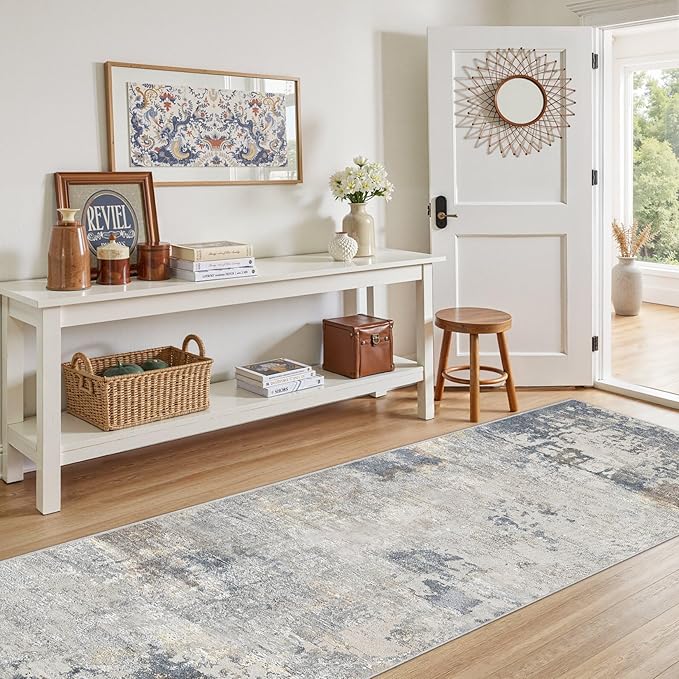 3X10 Washable Runner Rug for Hallway: Soft Neutral Modern Abstract Area Rug - Non-Slip Low Pile Long Throw Indoor Carpet for Kitchen Entryway Kitchen Bedroom Laundry - Blue Grey