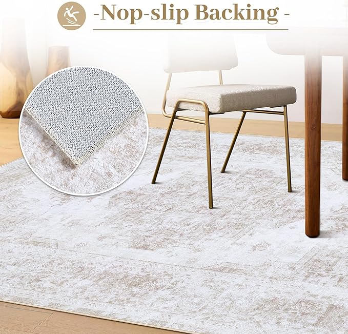 Area Rug 6x9 Living Room Rug, Machine Washable Vintage Distressed Medallion Rug Non-Slip Soft Low Pile Large Indoor Rugs for Bedroom Kitchen Dining Room Office(Beige,6'x9')