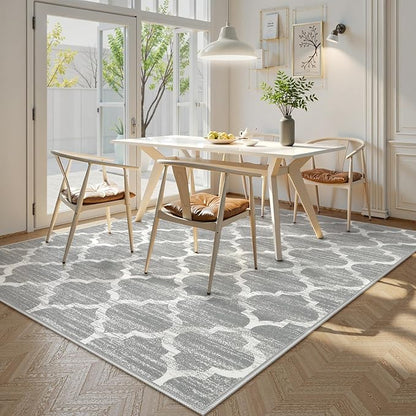 Lahome Moroccan Washable Rugs 8x10,Grey Rug for Living Room,Soft Boho Large Bedroom Rug 8x10 Under Bed Boho Dining Room Rugs for Under Table Geometric Office Room